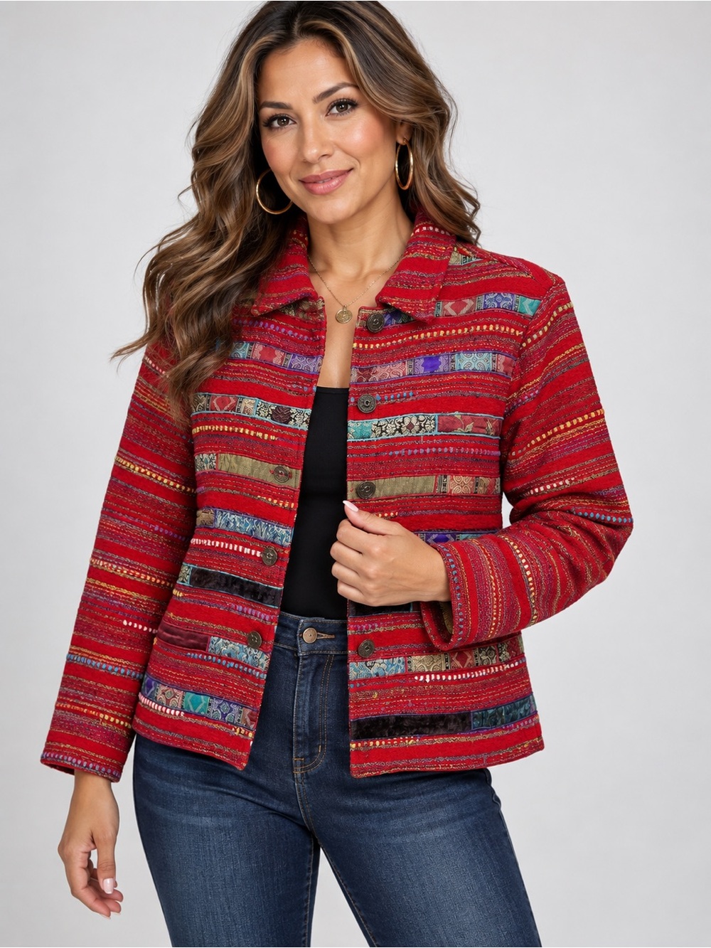 Coldwater Creek Petite Medium Red Textured Ribbon Trim Jacket Patchwork PM